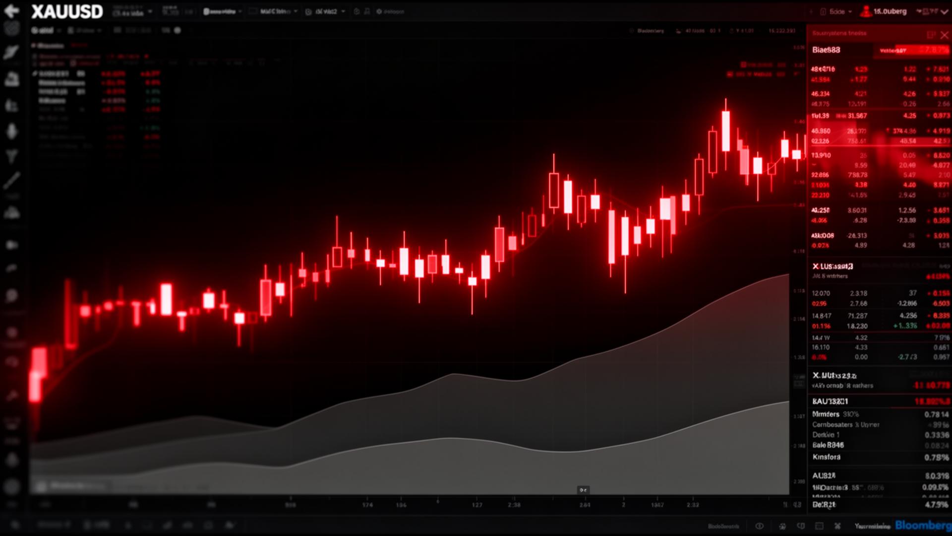 Cinematic institutional trading dashboard showing XAU/USD candlestick chart and live market data